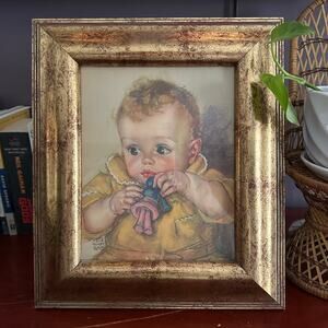 Moody 8x10 Gold Wood Inlay Scoop Edge Picture Frame Lithograph Baby 30's